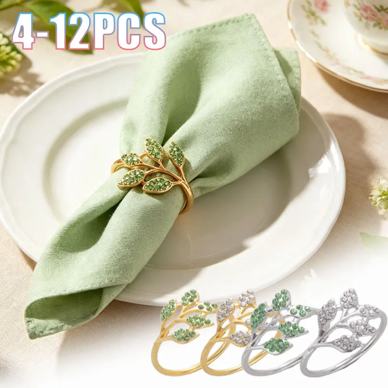 4-12PCS Napkin Rings Luxurious Green Leaf Rhinestone Shimmering Table Setting for Wedding Hotel Banquet Dinner Party Home