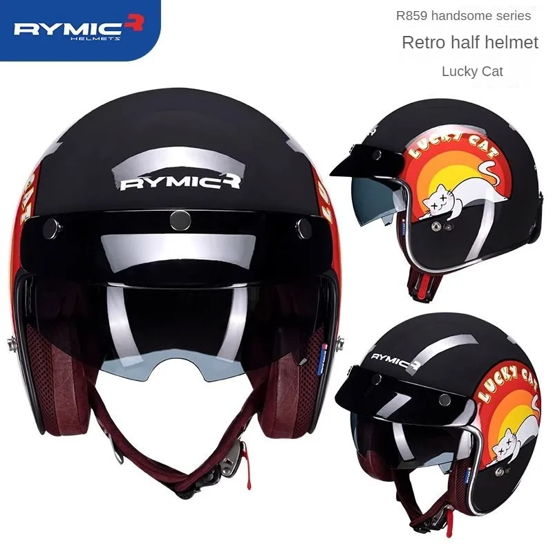 RYMIC-casco de motocicleta Retro, medio casco de cuero, forro desmontable, lentes antideslumbrantes, protector solar, Verano