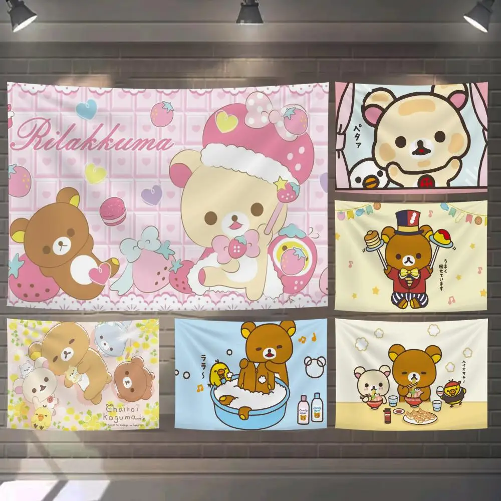 Cute R-Rilakkuma Bear Tapestry Custom Living Bedroom Party Dormitory Interior Wall Bohemian Decoration Attached Clip