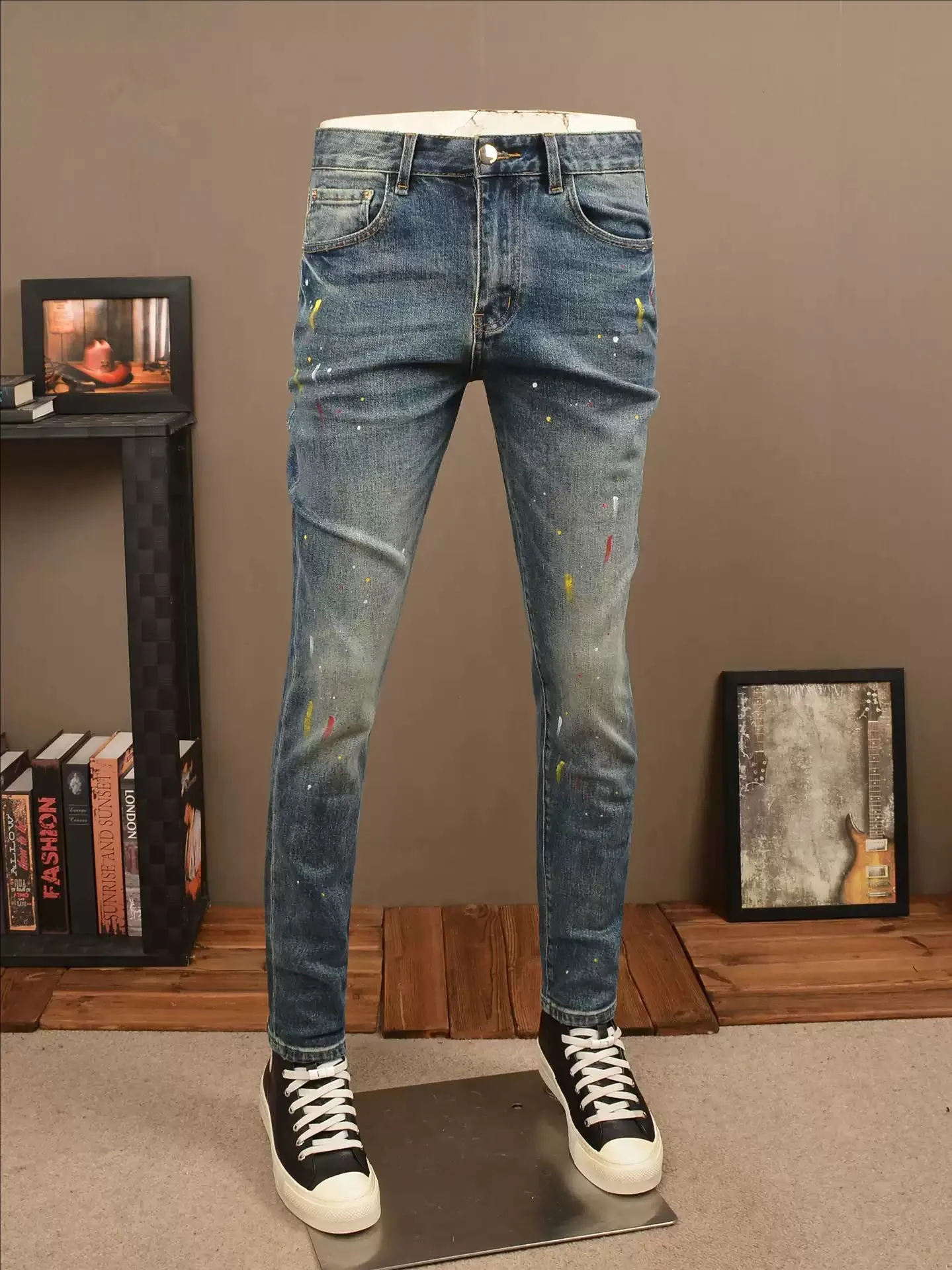 

Мужские джинсы Slim Fit с эластичным поясом, износостойкие, из смесовой ткани (хлопок, полиэстер, спандекс), средняя посадка, для осени и зимы