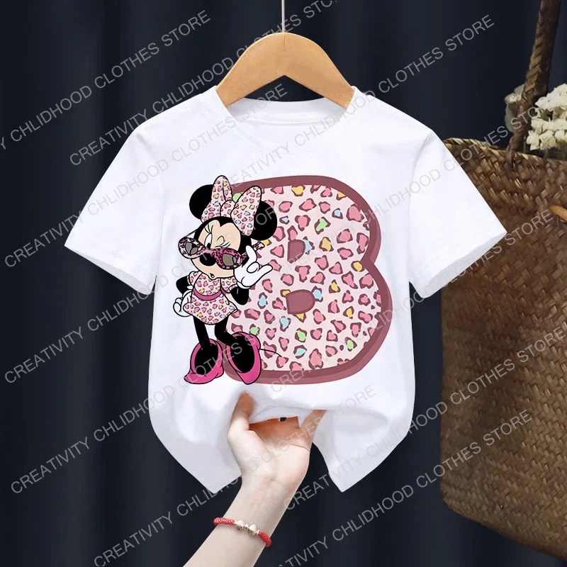 Minnie Children\'s T-Shirt Letter ABCDE Combination Summer Disney Clothes Kawaii Anime Cartoons Kids Boy Girl T Shirts Casual Top