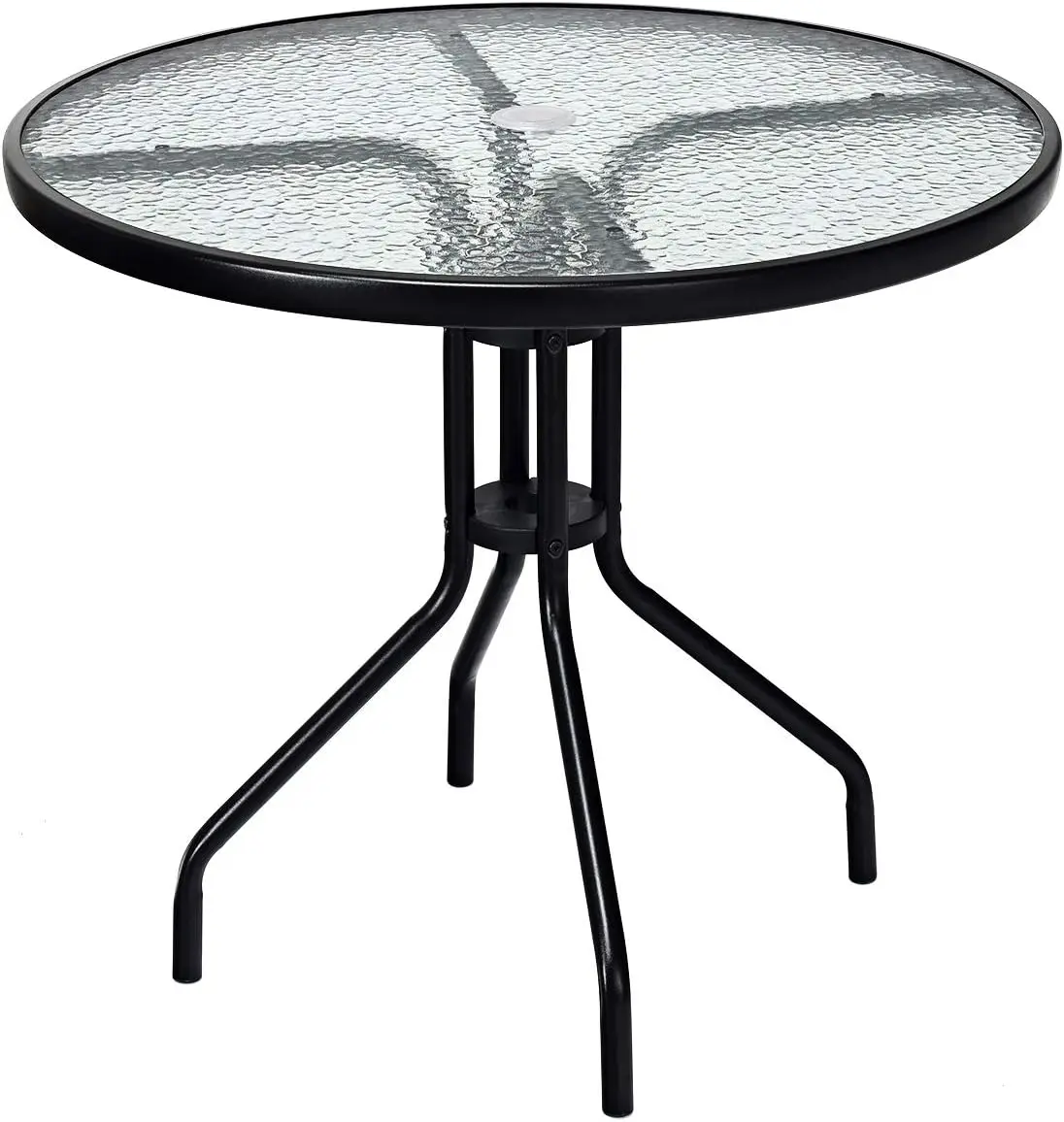 Tangkula 32” Outdoor Dining Table Round, Tempered Glass Top Steel Frame With 1.6 Inch Umbrella Hole, All Weather Patio Side