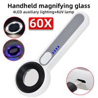 60X Handheld Rechargeable Magnifying Glass with 4Led Auxiliary Lighting+4UV Lamp Illuminated Magnifier for Reading/Repair