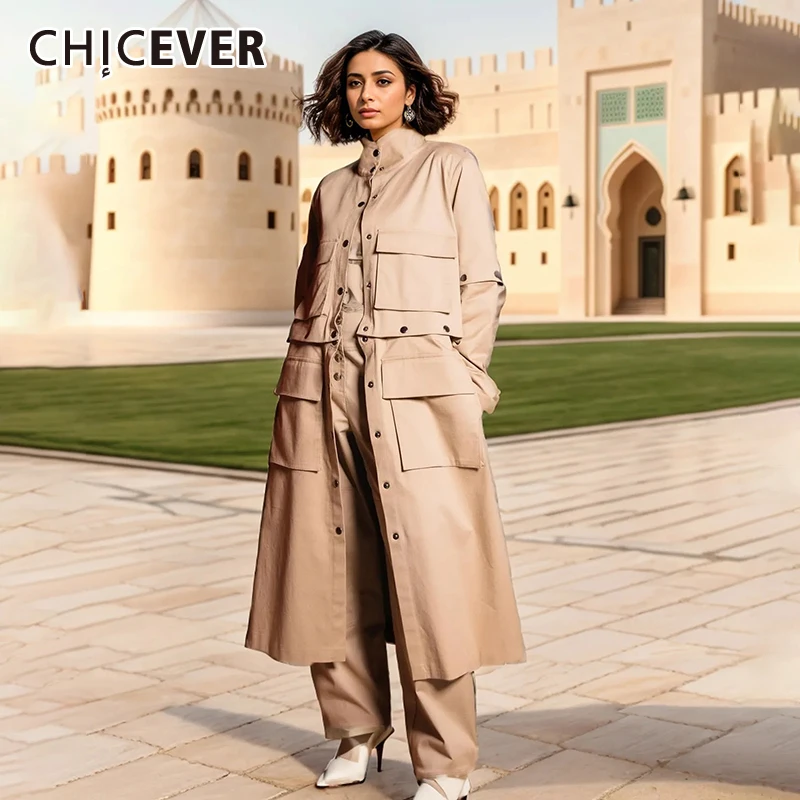 

CHICEVER Casual Long Trench Coat For Women Lapel Long Sleeve High Waist Spliced Button Temperament Windbraker Spring Clothes New