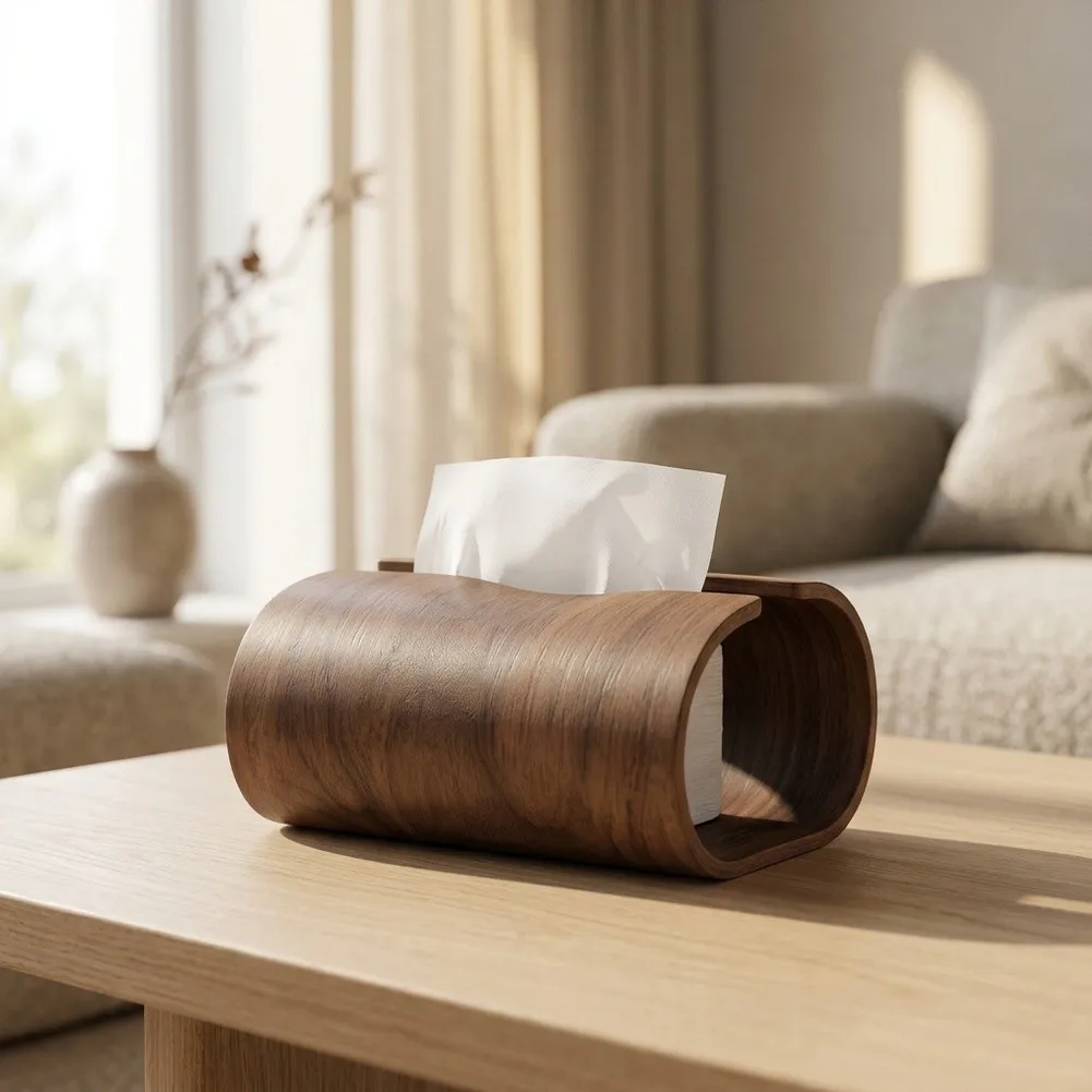 Stylish Walnut Wood Paper Holder Box Cover for Bathroom Living Room Desk 16.5cm x 13.5cm x 8.5cm Real Wood Texture