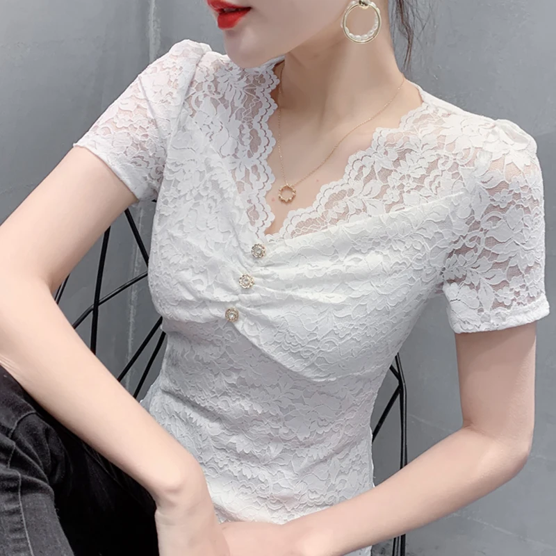Black Summer Korean Style Lace Thin T-Shirt Women Chic Sexy Perspective V-Neck Button Tops Short Sleeve Slim Tees 2024 New 4428