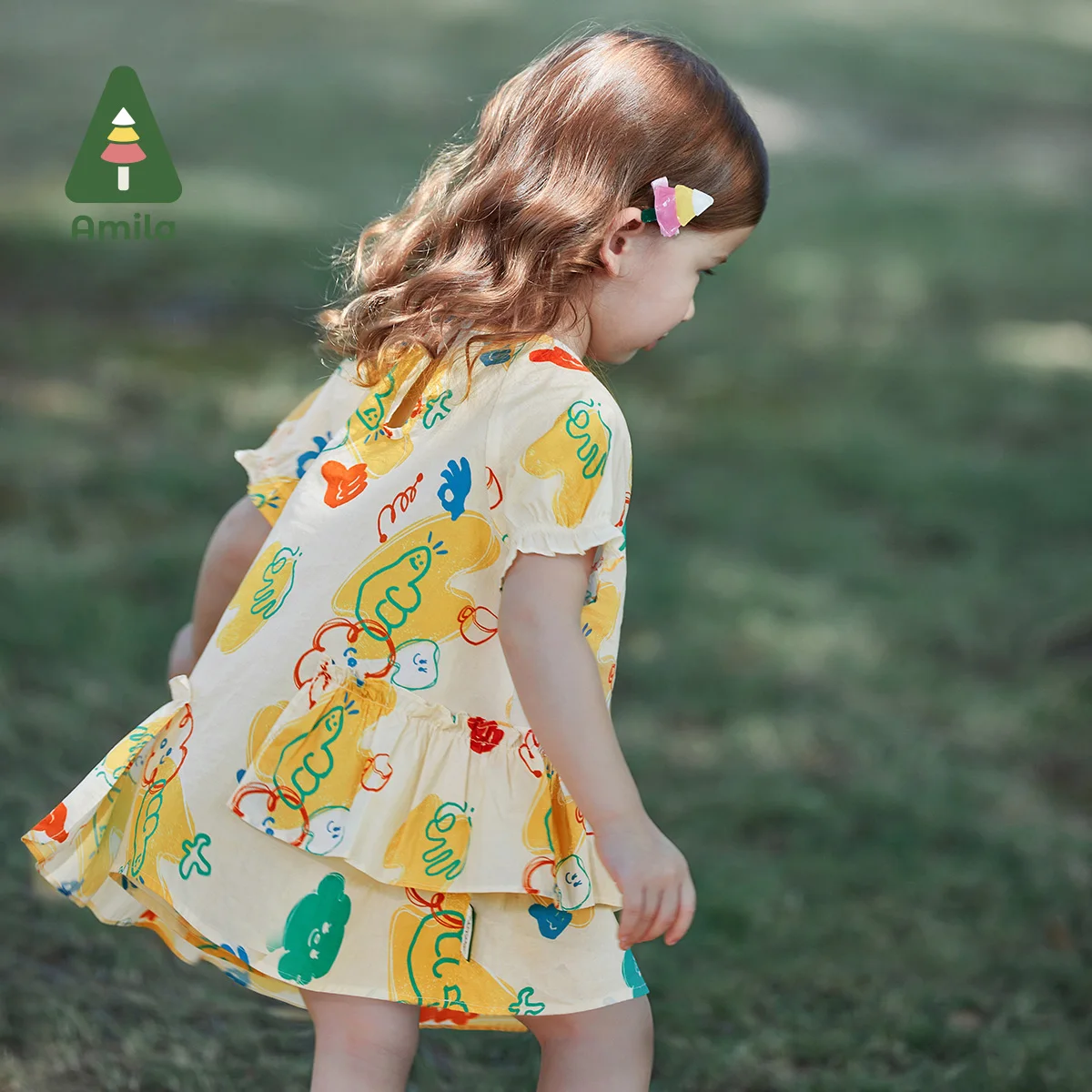 Amila Baby Girl Dress 2023 Summer New Full Print 100% Cotton Short Sleeve Dresses Kids Clothing  Breathable Thin Costume