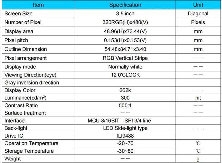 3.5 inch resistive Touch screen, MCU SPI interface,ILI9488 drive, 320X480 LCD Touch