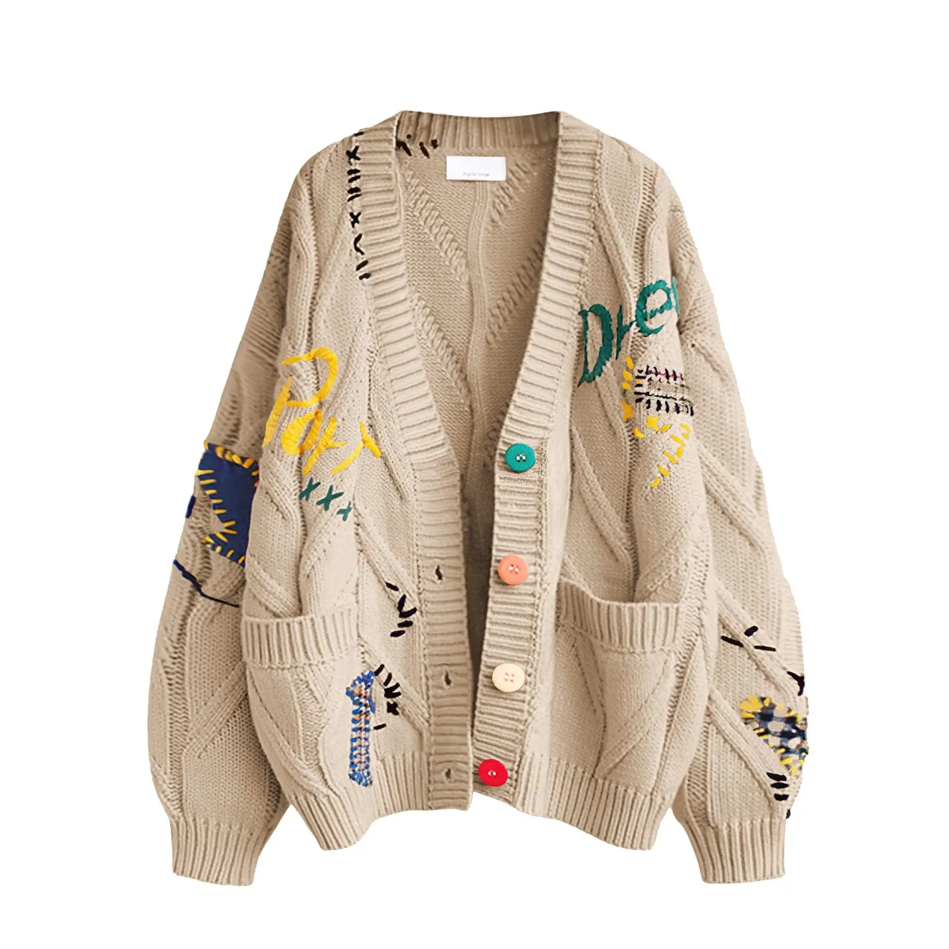 เสื้อคาร์ดิแกนผู้หญิง คอวี แขนยาว ปักลายปะติด ถักนิตติ้ง มีกระเป๋า เสื้อผ้าฤดูใบไม้ร่วง ติดกระดุมแถวเดียว ทรงหลวม สไตล์ลำลอง