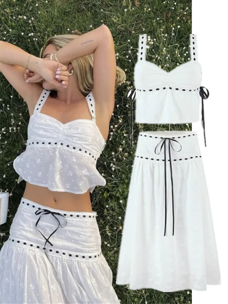 

White Moonlight Design Contrast Color Rope Two-Piece Set Lace Strap Holiday Semi-Long Skirt Faion Ensemble