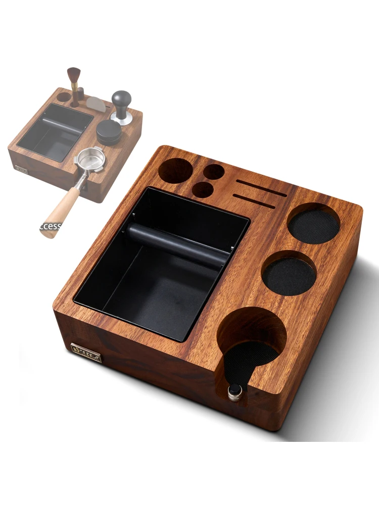 51/54MM Coffee Anti-pressure Pad Stand Walnut Wooden Coffee Organizer with Holder 3 IN 1 Espresso Knock Box and Tamping Station