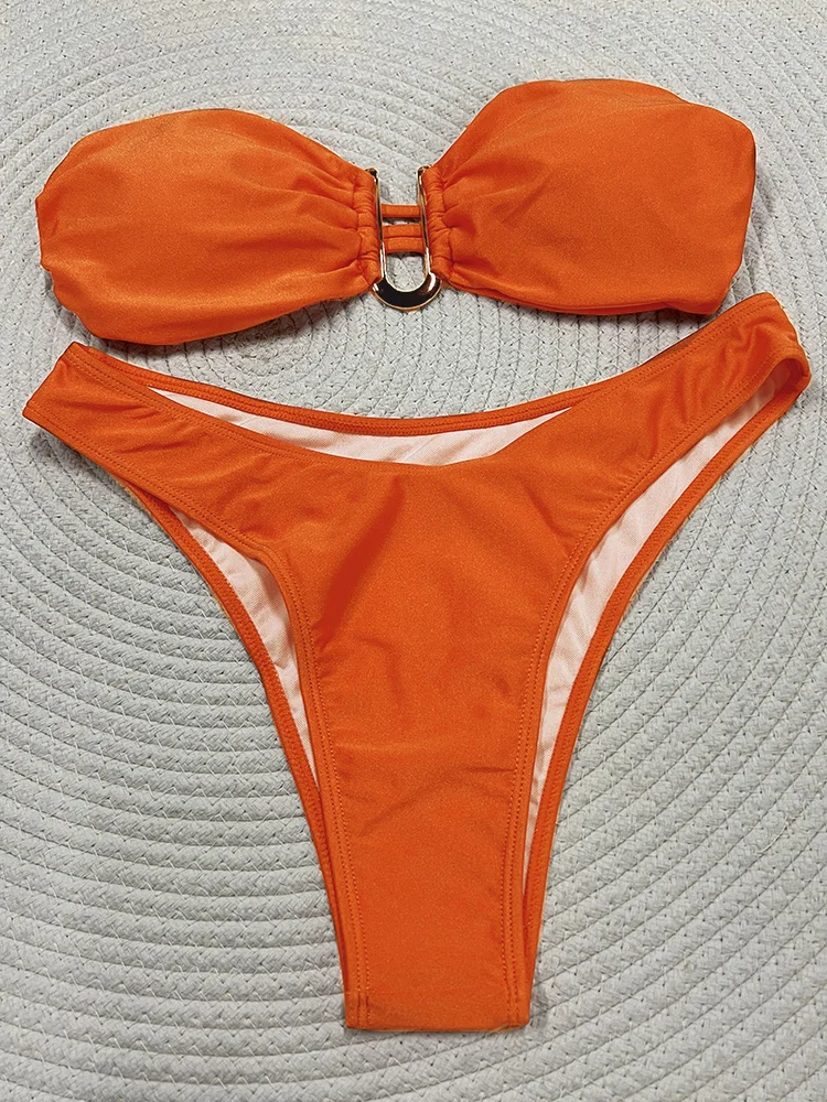 Traje de baño liso para mujer, Bikini Bandeau femenino, conjunto de Bikini de cintura alta, ropa de playa Sexy, 2024