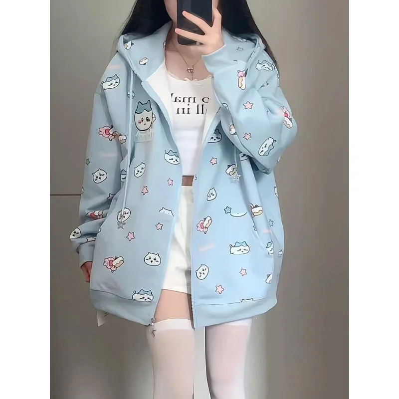 American Subculture Cute Cartoon Printing Hoodie Autumn New Dopamine Kawaii Tops Y2k Oversize Loose Casual Women's Clothes