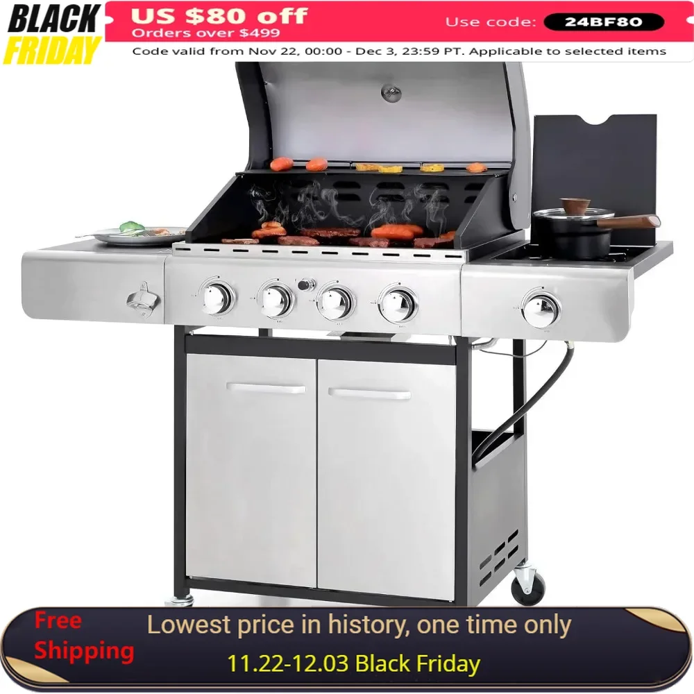 

Гриль для барбекю с боковой горелкой и фарфоровыми эмалированными чугунными решетками для готовки на открытом воздухе из нержавеющей стали