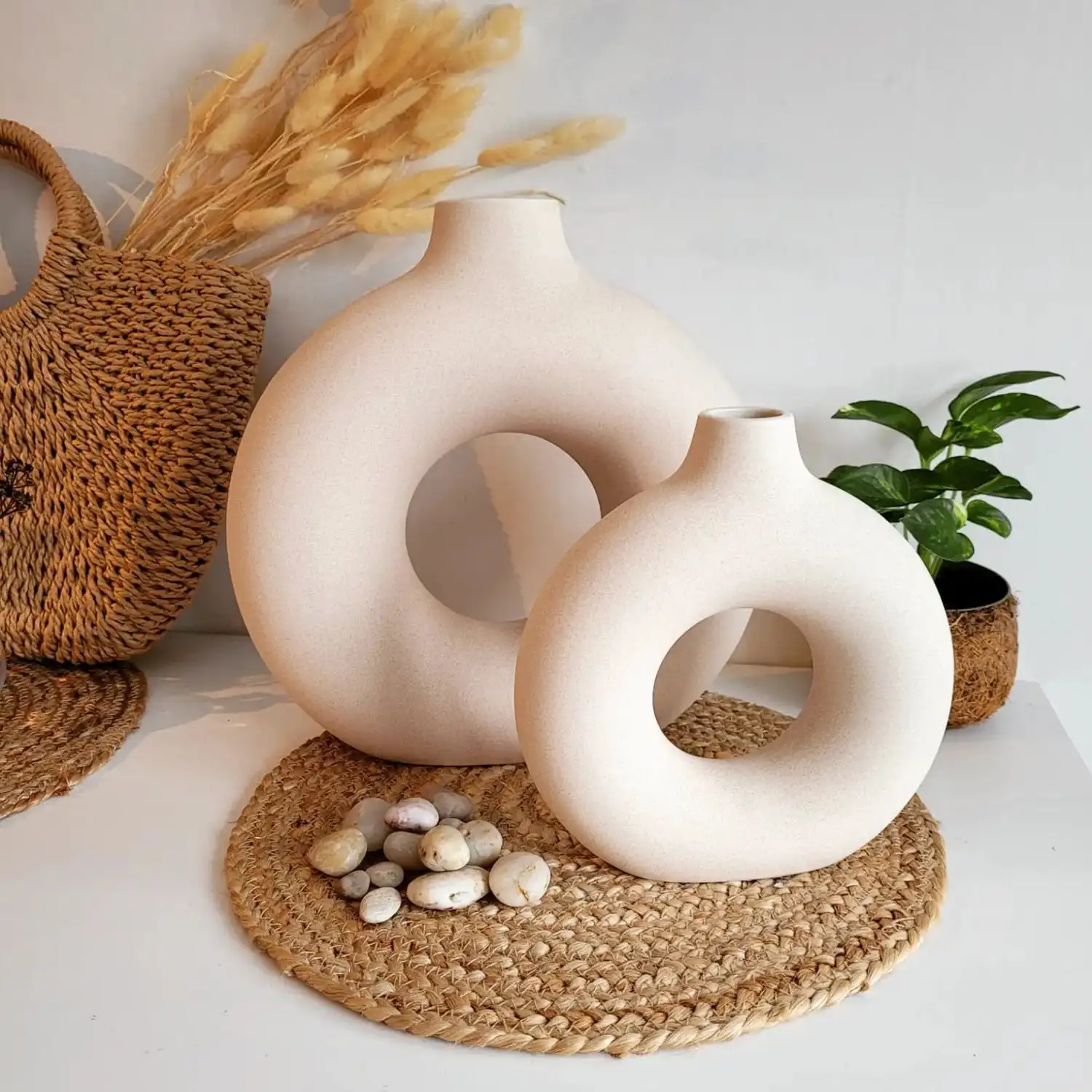 Ceramic Vases for Home Decor Set of 2 Donut Vases Modern White Farmhouse Vases Round Boho for Bookshelf Mantel