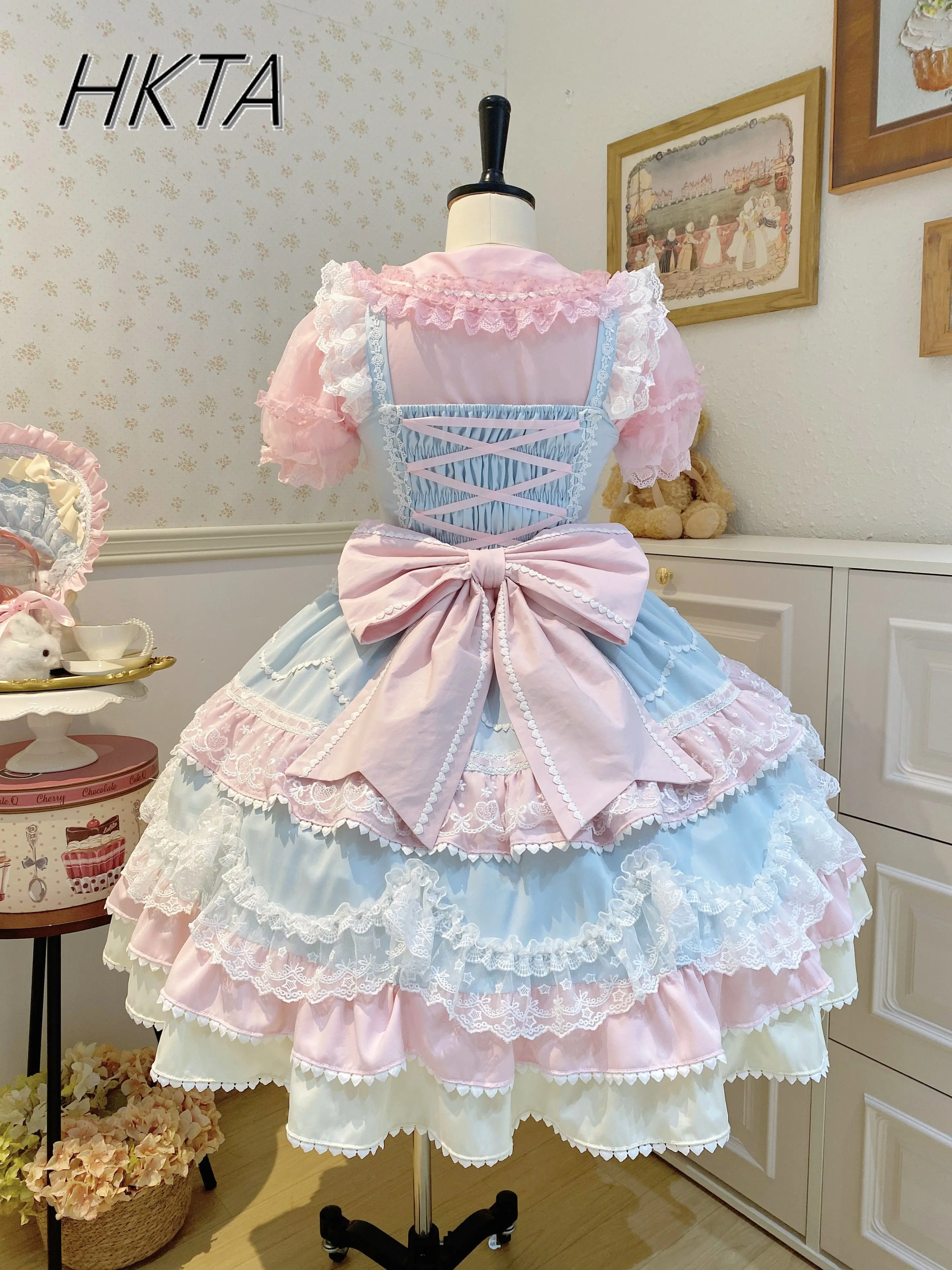 

Original Kawaii Lolita Dress Cute Princess Jsk Suspender Dress 2025 Summer New Bow Lace Sweet Playful Laminated Long Cake Dress