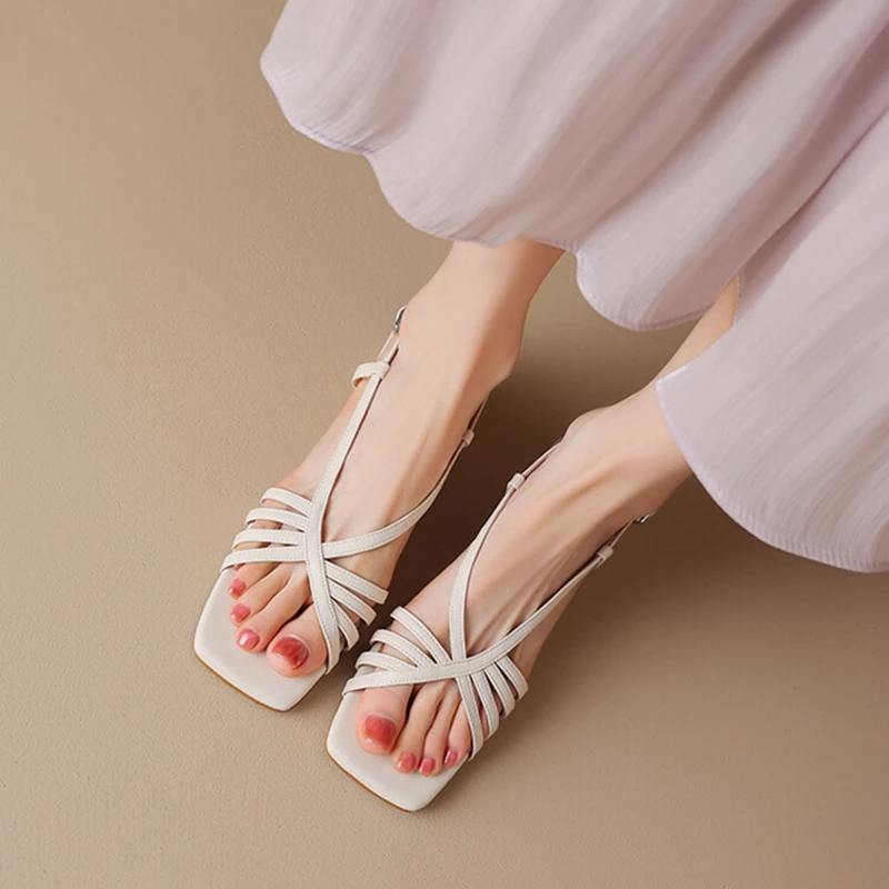 NEW Summer Women Sandals Split Leather Shoes for Women Open Toe Low Heel Shoes Vintage Roman Sandals Narrow Band Designer Shoes