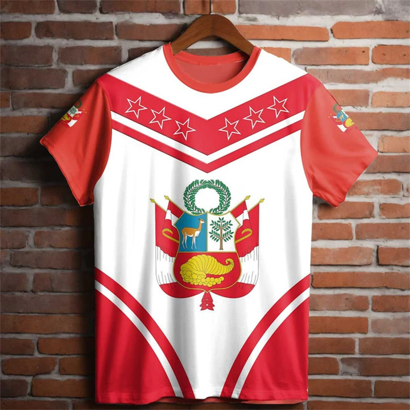 3D Printing Peru Flag National Emblem T Shirts Men Clothing Harajuku Fashion Streetwear Loose Breathable Kids Tee Shirts Tops