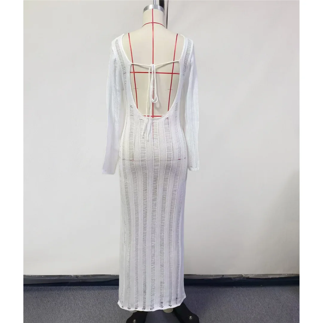 Langärmliges, rückenfreies, durchsichtiges, gehäkeltes, gestricktes Tunika-Strandkleid, Strandmode, Strandbekleidung, Strand-Cover-up, Damen V7006 – Detail 12