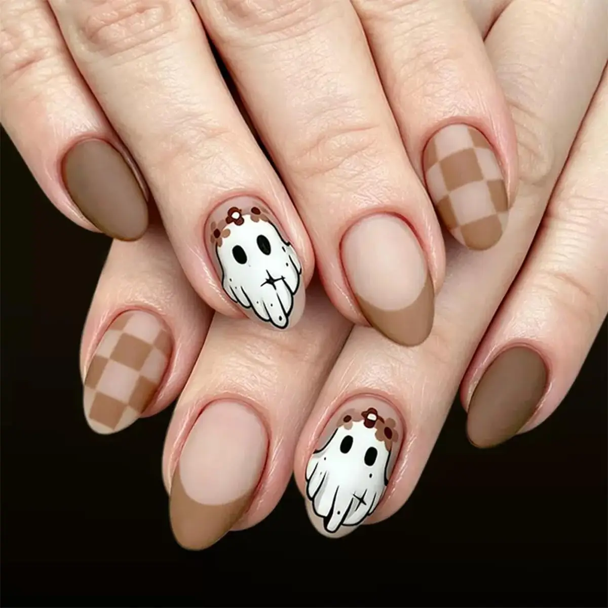 Halloween Almond Press on Nails Cute Ghost Checkerboard Brown Fake Nails Halloween Press on Nails Halloween Spider False Nails