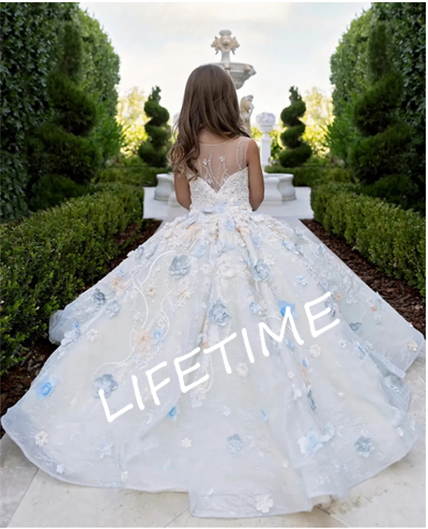 

Ball Gown Fluffy Girls Birthday Party Dress Sheer Neck Lace Up Back Wedding Flower Girl Dress Aged 2-16 Years First Communion