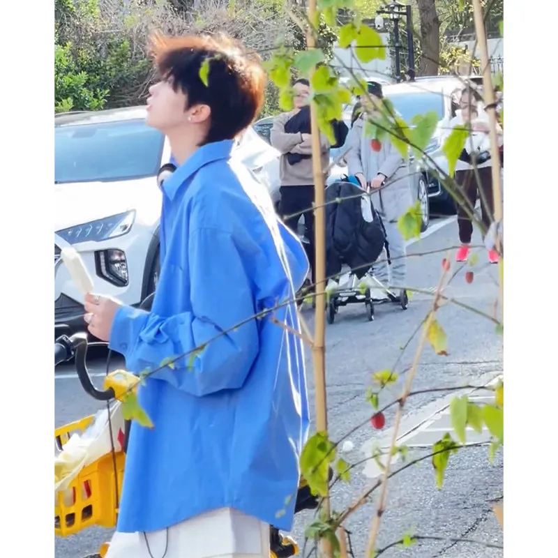 

Blue Loose Long Sve irt Men's Sle Japanese Teenager Feeling Couple Outerwear Cotton 00% Stand Fit Iron Free