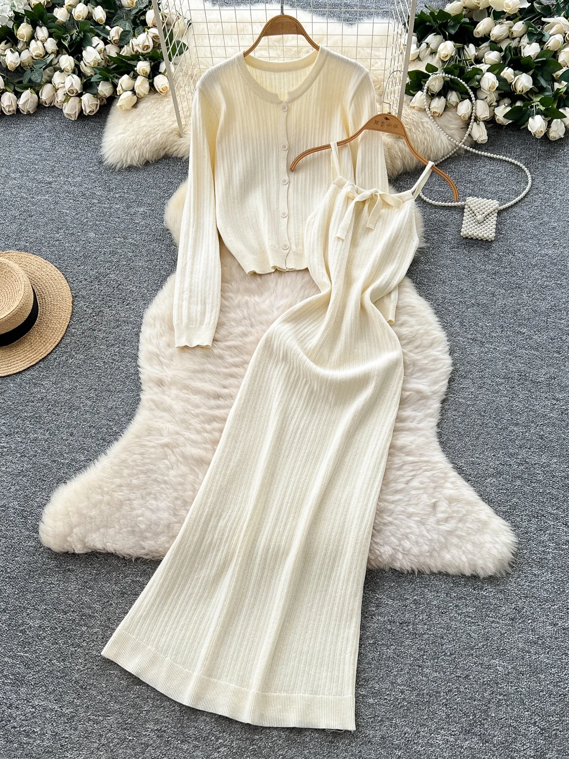 Conjunto E de Vestido de Punto y Cárdigan Abierto de Manga Larga para Mujer, Top con Cinturón de Cintura Alta, Talla G...