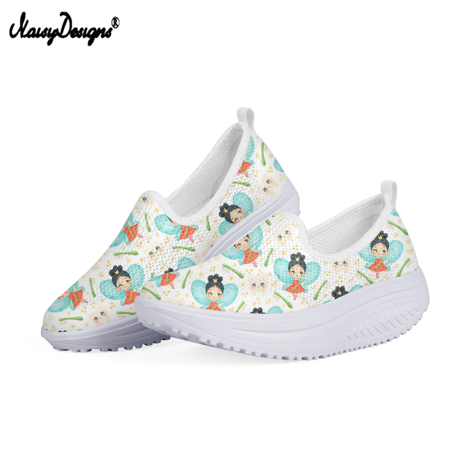 Noisydesigns Fashion Casual Flats Shoes For Female Cartoon Tooth Pattern 3D Printing Women Platform Sneakers Mesh Swing Shoes