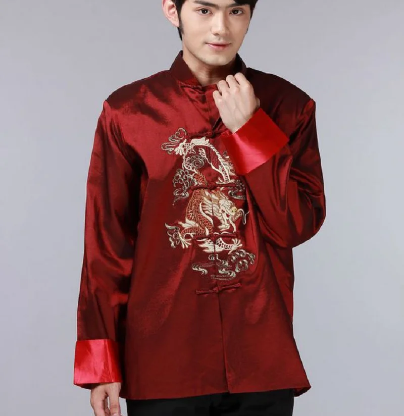 Grosir jaket Satin sutra pria gaya China baru setelan bordir naga Tang jaket lengan panjang kasual jaket ramping ukuran S-XXXL