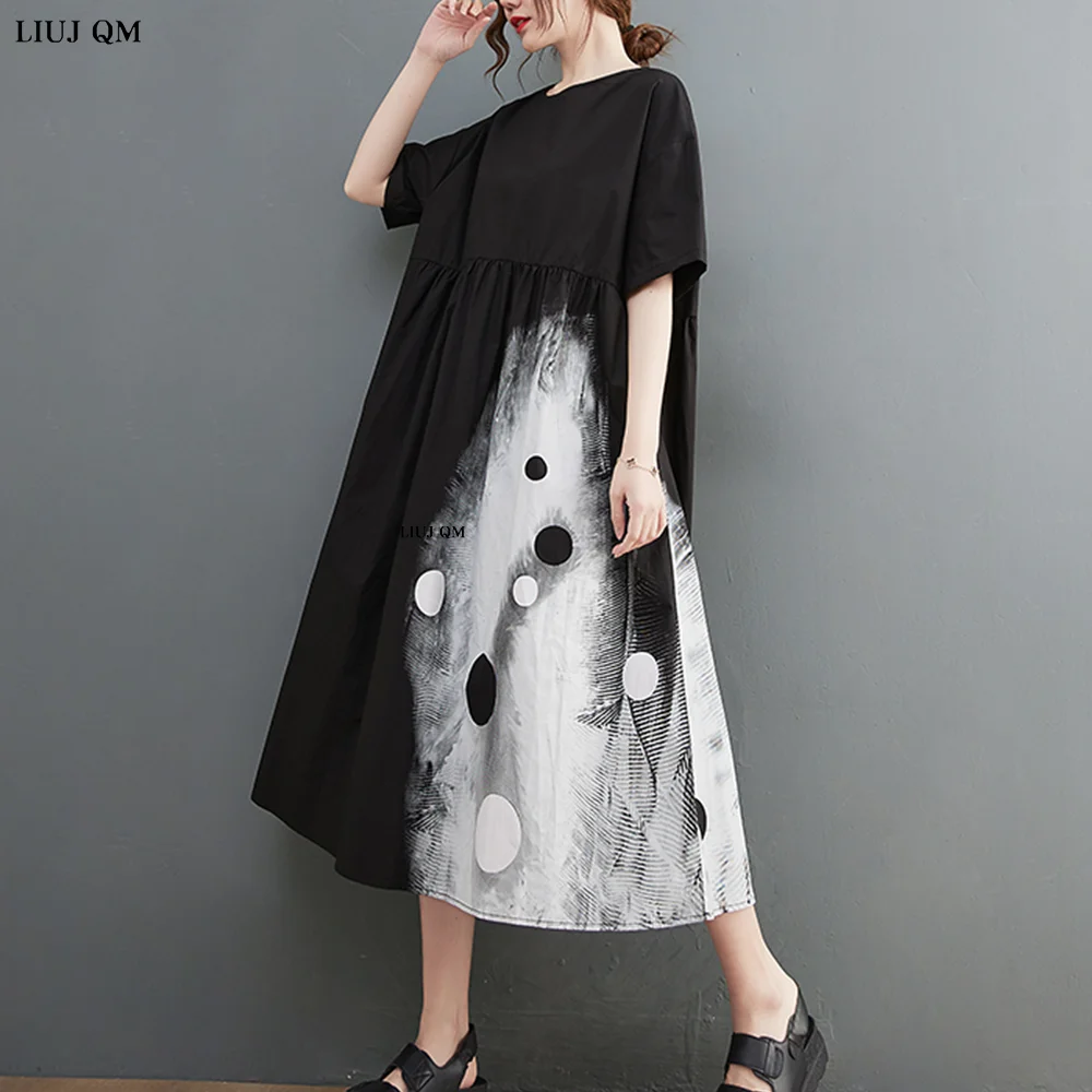 2023 Plus Size Summer White Patchwork Print abiti per le donne manica corta allentato Casual Vintage Dress Fashion abbigliamento elegante