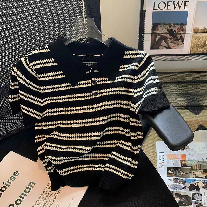 Summer Female Stripe Knitted Polo Collar Tops Woman Hollow Out Short Sleeve T-shirt for Women Hollow Out Elegant Knit Shirt Q419