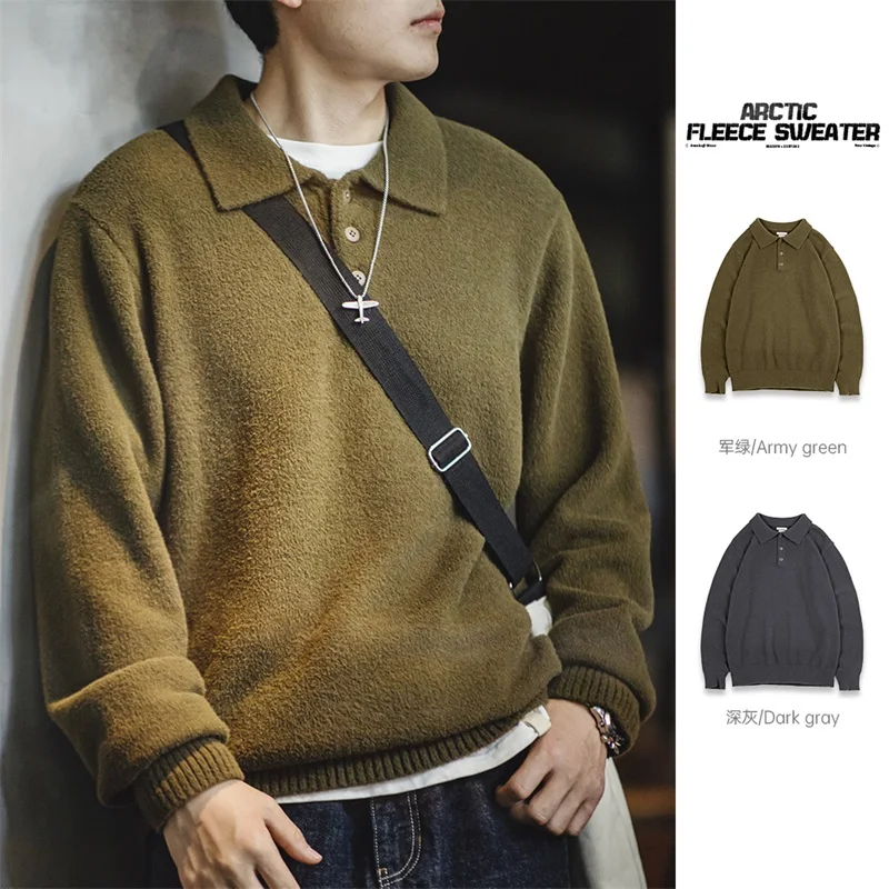 Maden Retro Imitation Mink Plush Polo Sweater for Men Autumn and Winter Thickened Turn-down Collar Knitwear Ribbed Hem Pullover