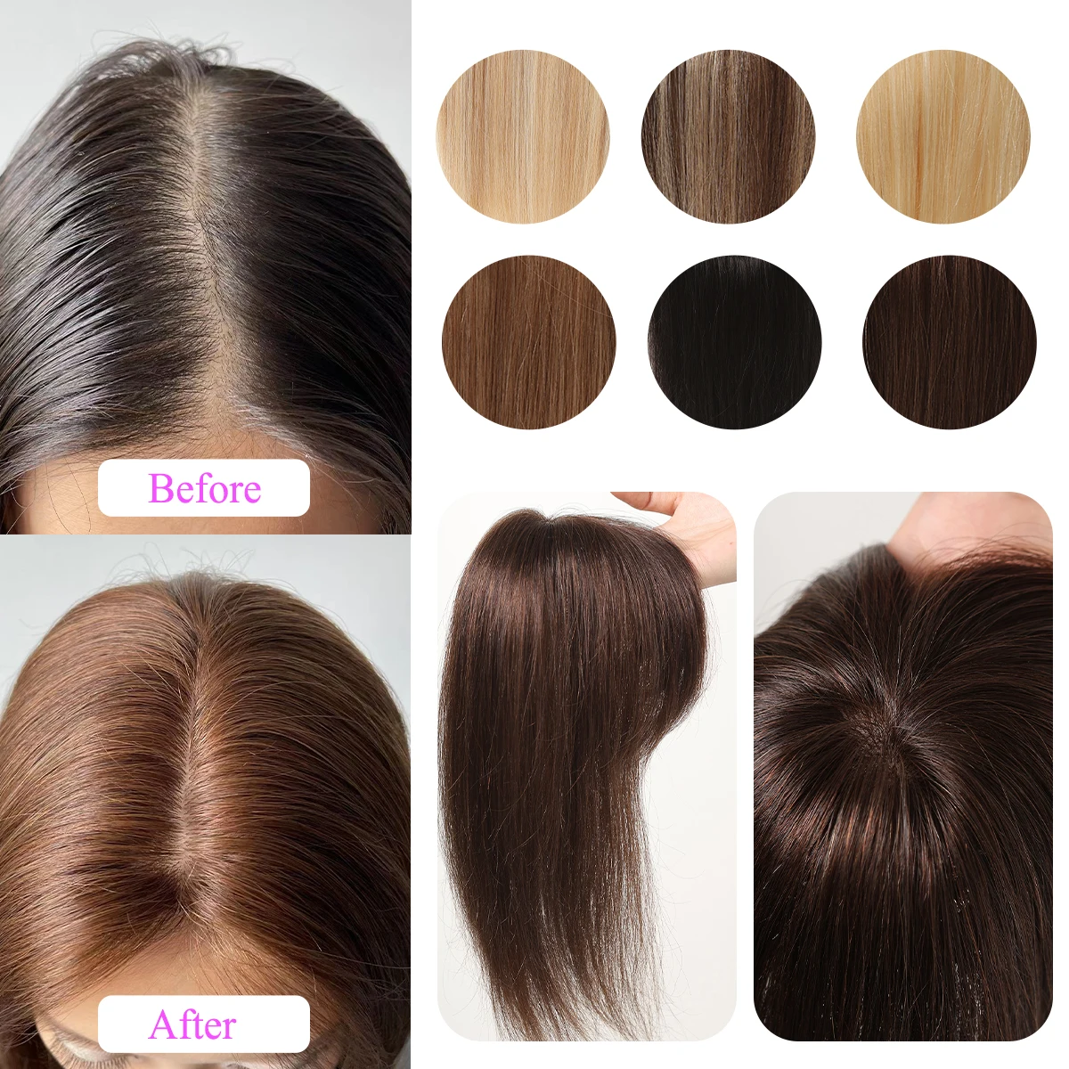 Remy Human Hair Toppers Straight Chocolate Brown Human Hair Toppers with Bangs for Black Women with Hair Loss Real Hair Pieces