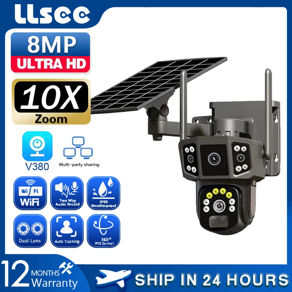 

LLSEE V380, CCTV, 4K dual lens, 10X, outdoor security network camera, wireless WIFI solar CCTV, 4G sim solar camera