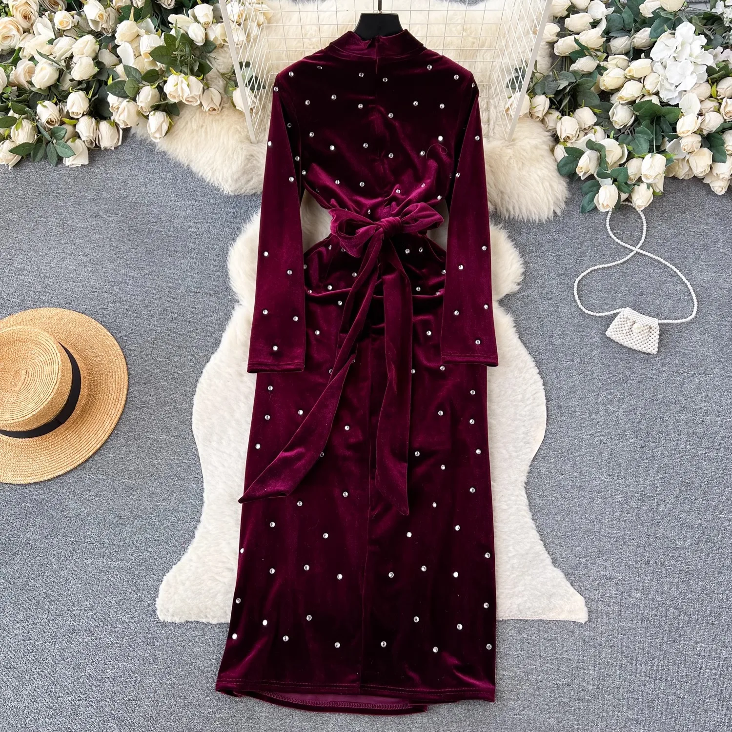 Elegant Women V Neck Rhinestone Velvet Evening Midi Dress New High Quality Fall Winter Lace Up Belt Pockets Velour Party Clothes