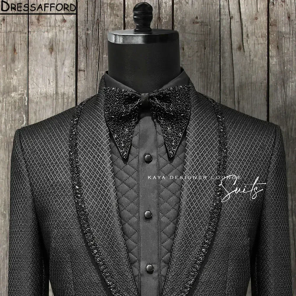 Black Lattice Men Suits Beading Crystal Groom Wedding Tuxedos 2 Pieces Sets Dinner Prom Blazers Terno Masculino Completo