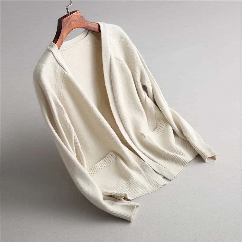 Neue Frauen Frühling Herbst Pullover Strickjacke Mode v kragen einfarbig Wolle Mischung Tasche Lose Stricken Pullover Outwear Mantel