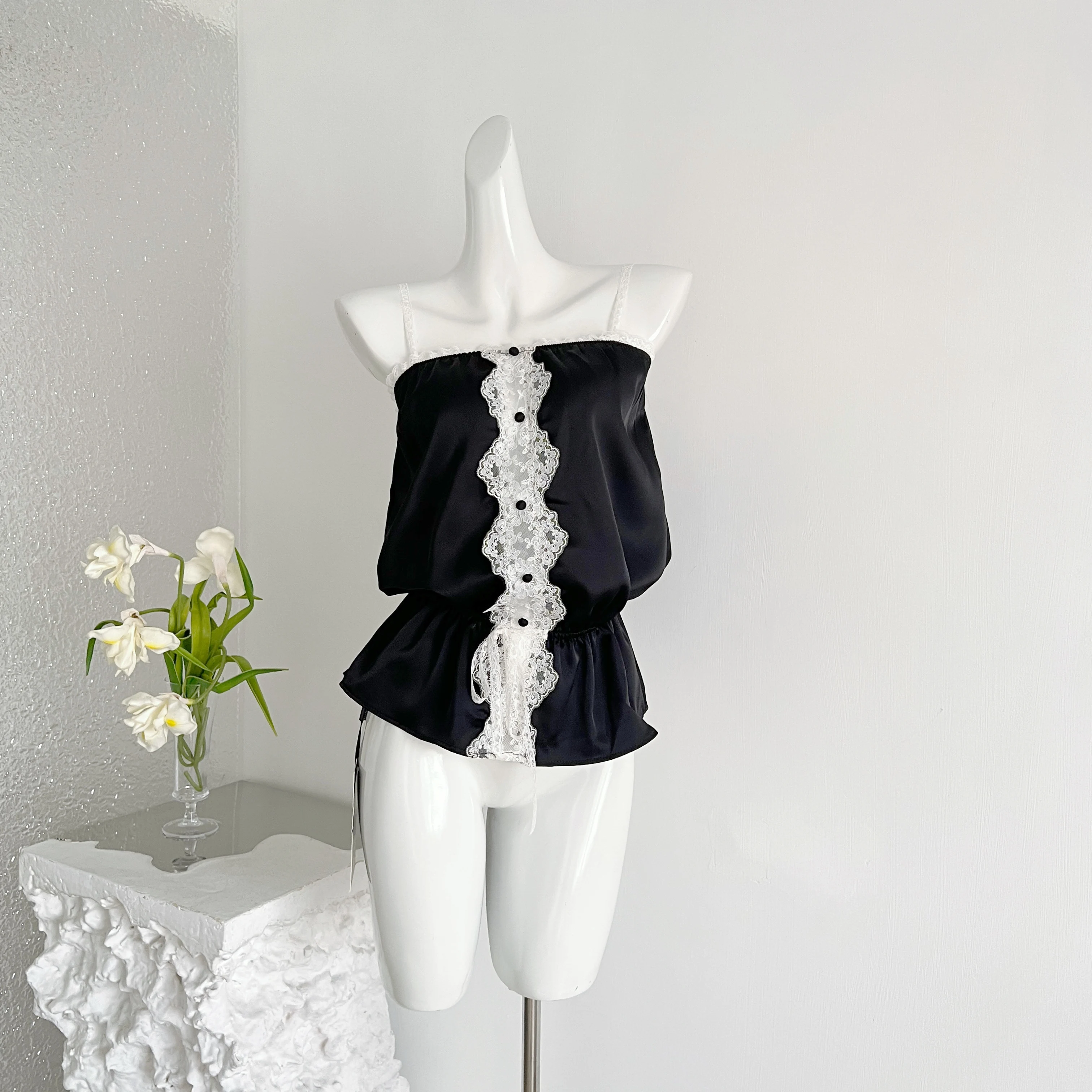 Damen Sommer Sexy Spitzen-Patchwork Ärmelloses Top Schwarzes Figurbetontes Camisole