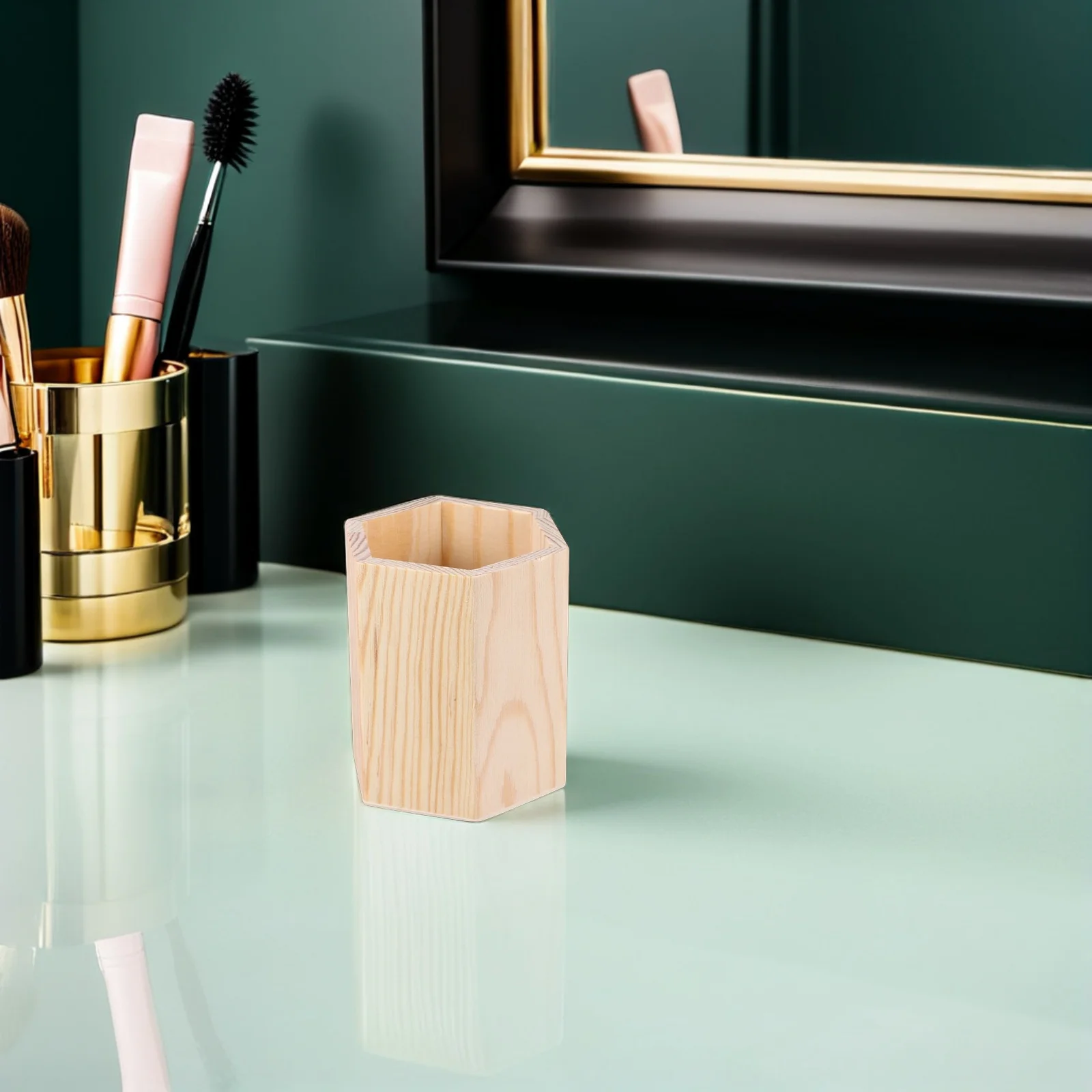 

4Pcs Wood Pen Pencil Holder Natural Geometric Organizer for Desk Office Makeup Brush Storage Rustic Desktop Container