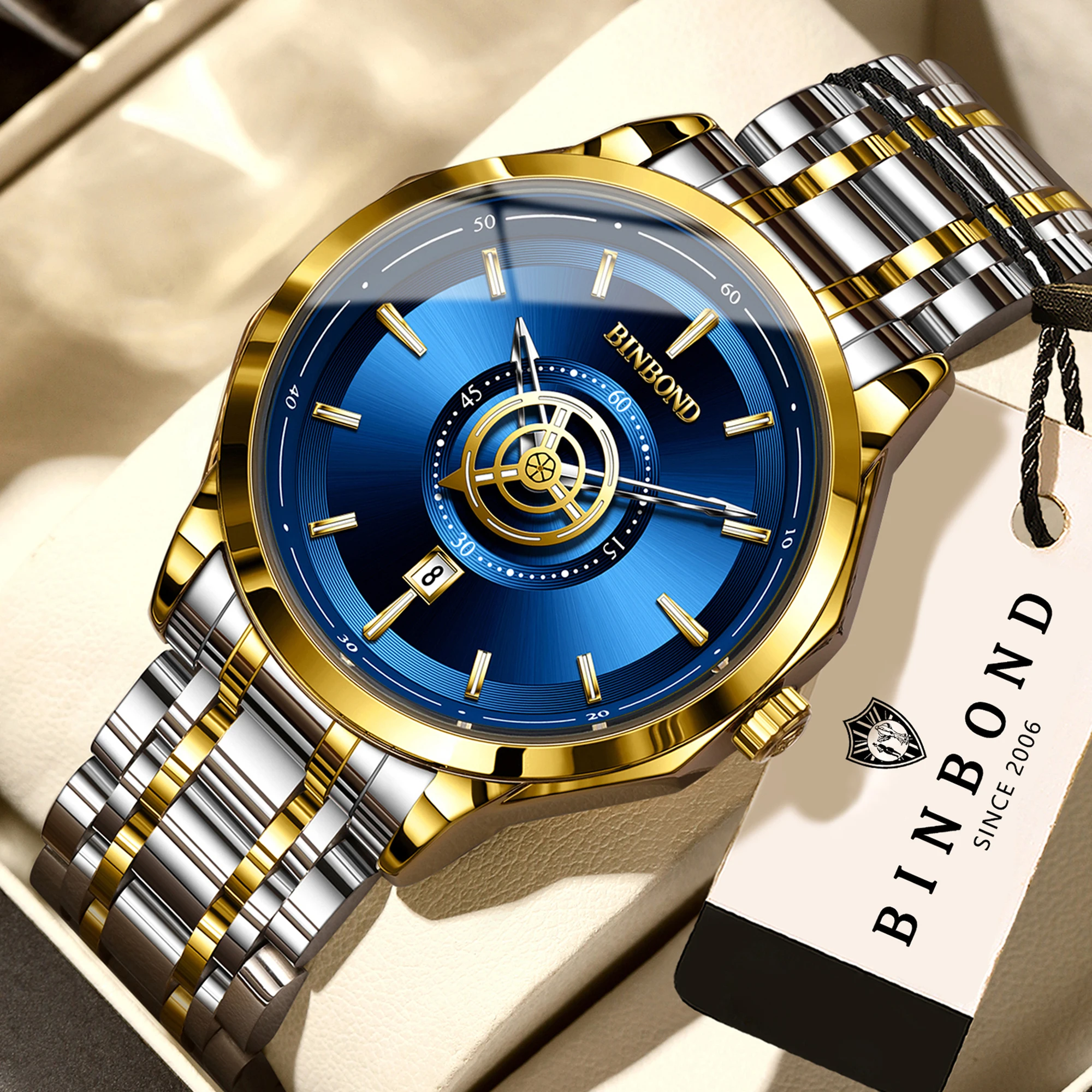 

BINBOND Orginal New Arrival Men's Waterproof Luminous Quartz Watch Accurate Luxury Auto Date Sturdy Wristwatch Reversible Design