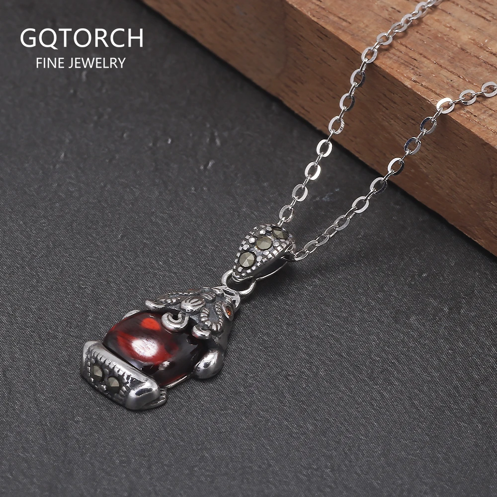 

925 Sterling Silver Red Garnet Pixiu Necklace for Women Small Pendant Coin Lucky Fortune Vintage Female Fengshui Jewelry