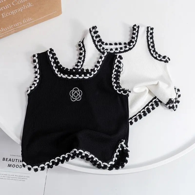 2022 Summer Girls Fashion Embroidery Vest Baby Kids Children Sleeveless Shirt Two Colors