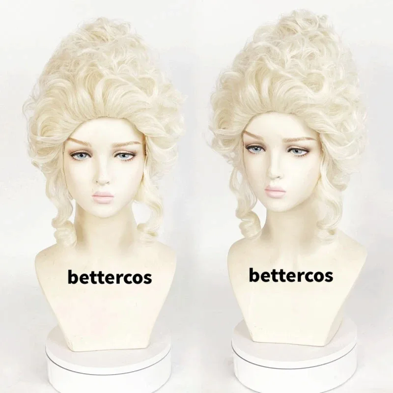 QQ 123 มารี อองตัวเนตคอสเพลย์วิกผมเครื่องแต่งกายเจ้าหญิงผมสังเคราะห์ทนความร้อนขนาดกลางหยิก + หมวกวิกผม