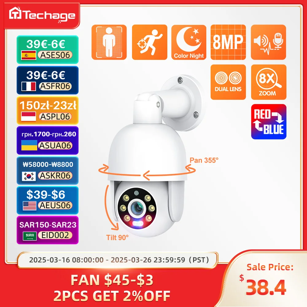 Techage HD 8MP POE IP-camera Buiten Audio Dual Lens CCTV Video Smart AI Beveiligingscamera PTZ Beveiligingsbewakingssysteem NVR