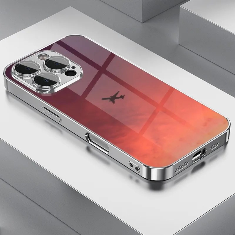 

Sunset Colorful Cloud Airplane Print Glass Electroplated Phone Case For iPhone 17 16 15 14 13 12 11 Pro Max Plus 16E 17Air Cover