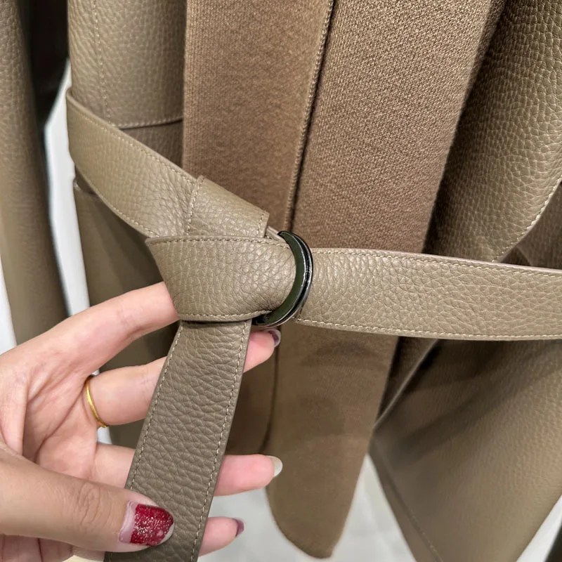 Luxurious scarf suit style women coat spring and autumn 2025 new fashion genuine leather jacket with belt