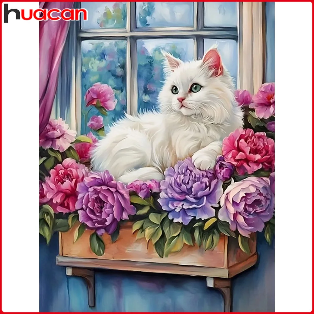 Huacan Neuheiten 2025, Diamantgemälde, Katze, Blume, Diamantmosaik, Tier, komplettes Set, dekorative Gemälde