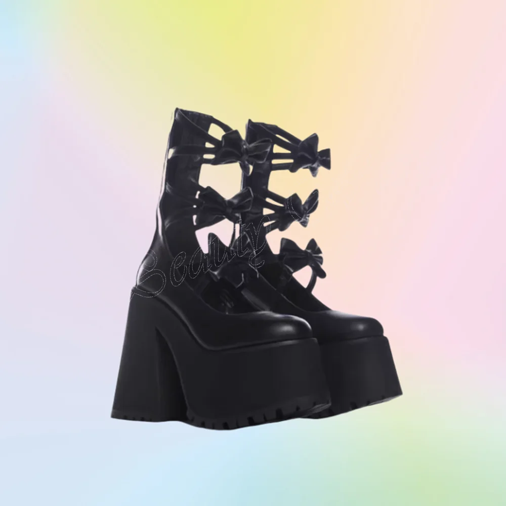 Black Front Bow Knot Decor Pumps Back Zipper Boots Platform Chunky Heel High Heel Shoes for Women Shoes 2024 Zapatos Para Mujere