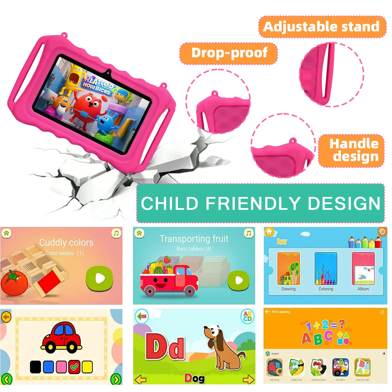 Tablet infantil de 7 polegadas, tablet infantil com controle de pais, câmeras duplas, presentes infantis para o Natal e aniversário