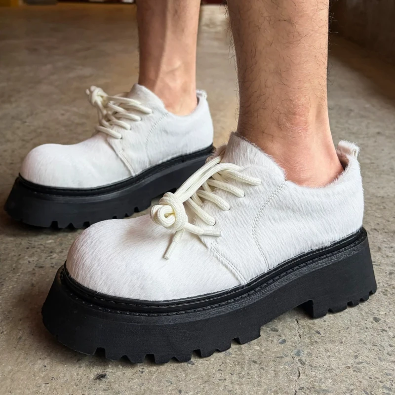 White Horsehair Derby Shoes for Men's Comfortable Thick Soled Leather Casual Shoes Europe/American Height-increasing Dress Shoes